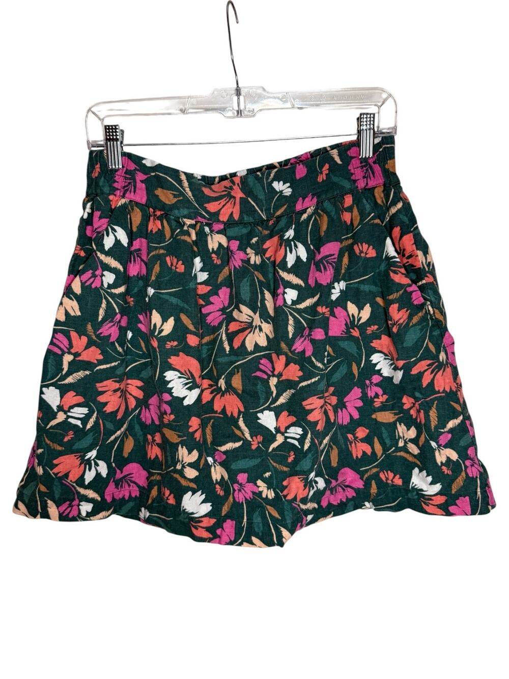 LOFT Women’s Sz S Mini Skirt Floral Green Linen Blend Pockets Cinched Waist